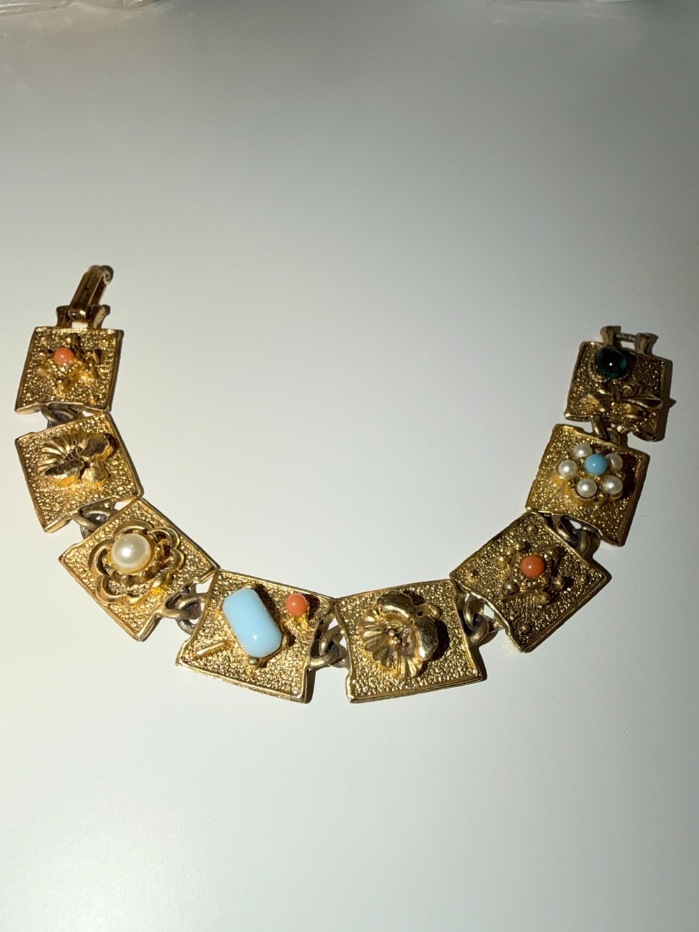 Victorian Gold-Tone Multistone Square Link Bracelet - Blue, Coral & Pearl Accent